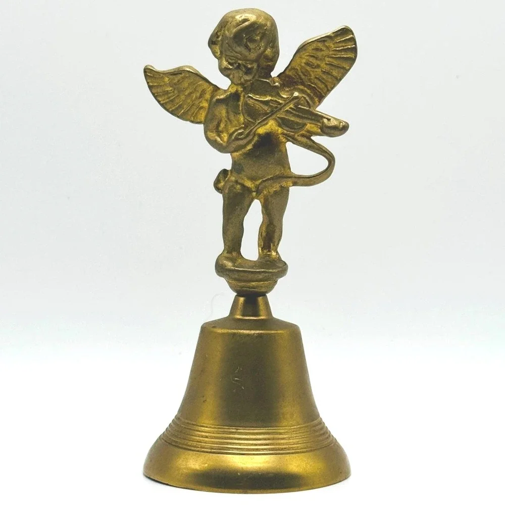 Vintage‎ Brass Cherub Angel Bell Violin Player Hand Bell Cupid Figurine Decor